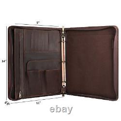 Handmade Crazy-Horse Leather 3-Ring Binder Portfolio Vintage Padfolio, Zipper