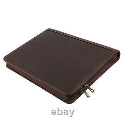 Handmade Crazy-Horse Leather 3-Ring Binder Portfolio Vintage Padfolio, Zipper