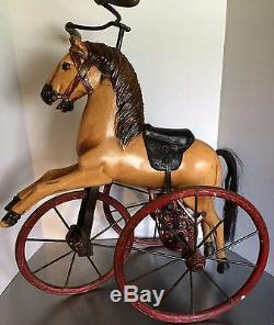 Horse Iron Tricycle Hand Carved Wooden w Leather Saddle Unique Vintage 2' tall