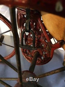 Horse Iron Tricycle Hand Carved Wooden w Leather Saddle Unique Vintage 2' tall