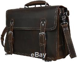 Iswee Mens Vintage Crazy Horse Cowhide Leather Briefcase Traveling Shoulder B