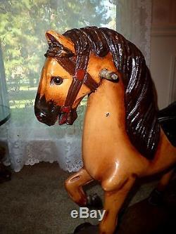 Large Vintage Antique Wooden Rocking Carousel Horse, Real Hair, Leather Saddle