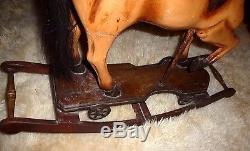 Large Vintage Antique Wooden Rocking Carousel Horse, Real Hair, Leather Saddle
