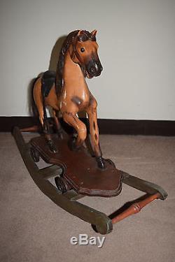 Large Vintage Antique Wooden Rocking Horse Leather Saddle, Real Hair