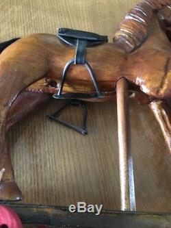 Large Vintage Antique Wooden Rocking Horse Leather Saddle, Real Hair Toy