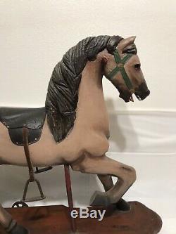 Large Vintage Hand Carved Wood Rocking Horse Child Pull Toy Leather Saddle