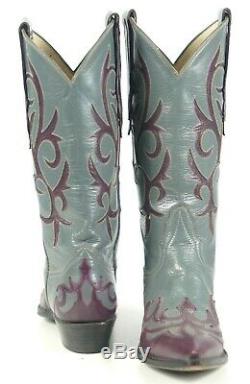 Larry Mahan Gray & Burgundy Inlay Cowboy Boots Vintage US Made Women's 8.5 B