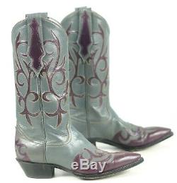 Larry Mahan Gray & Burgundy Inlay Cowboy Boots Vintage US Made Women's 8.5 B