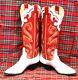 Larry Mahan Tall Red Vintage Cowboy Boots Ten Row Rainbow Stitch Women's 6 B