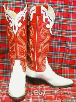 Larry Mahan Tall Red Vintage Cowboy Boots Ten Row Rainbow Stitch Women's 6 B