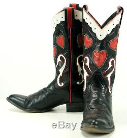 Larry Mahan Women's Black Cowboy Boots Inlay Red Hearts Vintage US Made 7.5 B