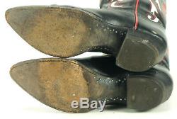 Larry Mahan Women's Black Cowboy Boots Inlay Red Hearts Vintage US Made 7.5 B