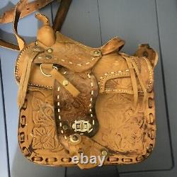 Leather Horse Saddle Shaped Bag Purse Vintage Hand Tooled Brown Embossed Stirrup