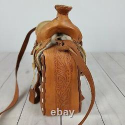 Leather Horse Saddle Shaped Bag Purse Vintage Hand Tooled Brown Embossed Stirrup