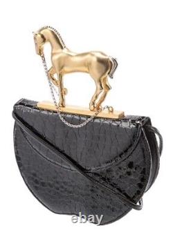 Lee Wolfe Vintage Black Leather Purse Bag Stallion Horse Brass Gold Handle