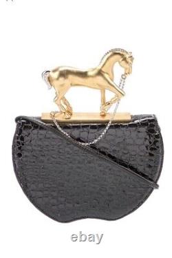 Lee Wolfe Vintage Black Leather Purse Bag Stallion Horse Brass Gold Handle