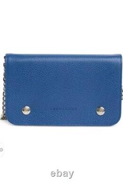 Longchamp Sapphire Blue color Pebbled Leather Le Foulonné Wallet on Chain New