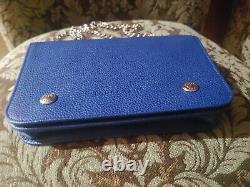 Longchamp Sapphire Blue color Pebbled Leather Le Foulonné Wallet on Chain New