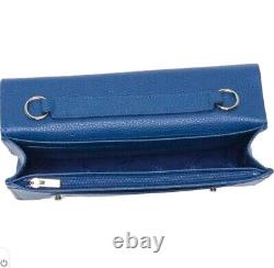 Longchamp Sapphire Blue color Pebbled Leather Le Foulonné Wallet on Chain New