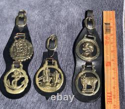 Lot 3 Vintage Brass Horse Harness Medallions on Leather Strap Bridle Tack