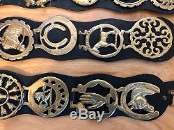 Lot of 13 Vintage Horse Harness Bridle Brass Medallions Black Leather