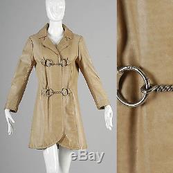 M VTG 1960s 60s Mod Cream Tan Leather Coat Jacket Metal Hook Clasp Horse Bit