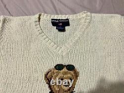 MINT Vintage Ralph Lauren Polo Sport V-Neck White Golf Bear Hand Knit Sweater