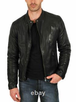 Men Genuine Lambskin Leather Motorcycle Slim fit Jacket Biker Jacket