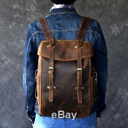 Men Leather Backpack Retro Handmade Travel Crazy Horse Leather 14 Laptop Bags