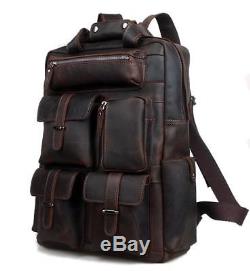Men Vintage Crazy Horse Genuine Leather Laptop Backpack Multi Pockets
