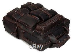 Men Vintage Crazy Horse Genuine Leather Laptop Backpack Multi Pockets Shoulde