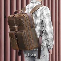 Men Vintage Leather Backpack Crazy Horse Leather 15.6'' Laptop Travel Backpack