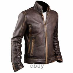 Men's Biker Cafe Racer Motorcycle Distressed Brown Vintage Leather Jacket 32OT