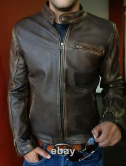 Men's Biker Cafe Racer Motorcycle Distressed Brown Vintage Leather Jacket 32OT