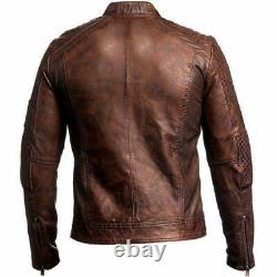 Men's Biker Cafe Racer Retro Vintage Motorcycle Brown Distressed Leather Jacket