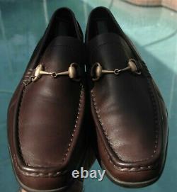 Men's GUCCI Brown Leather Antique gold Horse-bit Loafers shoes brand Sz 10.5 D