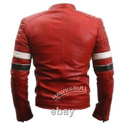 Men's Genuine Sheepskin Red Distressed Waxed Leather Jacket Slim Fit Motorcycle
