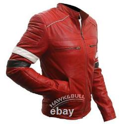 Men's Genuine Sheepskin Red Distressed Waxed Leather Jacket Slim Fit Motorcycle