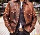 Men's Real Leather Brown Trucker Jacket Fashion Waxed Biker Retro Buttoned Coat
