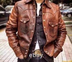 Men's Real Leather Brown Trucker Jacket Fashion Waxed Biker Retro Buttoned Coat
