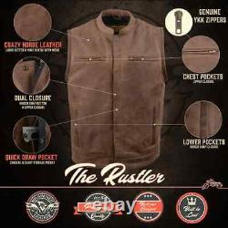 Men's'Rustler' Vintage Crazy Horse Brown Leather Club Style Motorcycle Vest3519