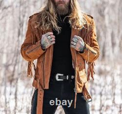 Men's Suede Leather Brown Motorcycle Biker Fringe Jacket Cowboy Vintage