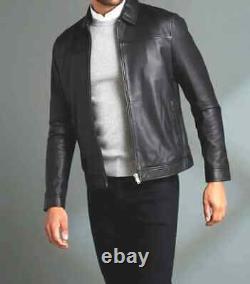 Mens Black Genuine Lambskin Leather Jacket Zip Up Medium Vintage Lined S M L XL