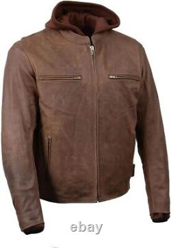 Mens Motorcycle Scoter Vintage Crazy Horse Brown Leather Jacket with Hoodie