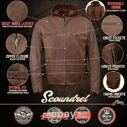 Mens Motorcycle Scoter Vintage Crazy Horse Brown Leather Jacket with Hoodie