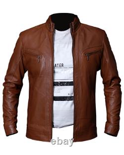 Mens Vintage Biker Motorcycle Tan Brown Cafe Racer Real Leather Jacket