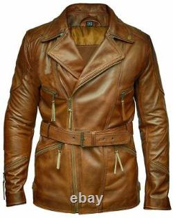 Mens Vintage Real Leather Brown Belted Coat Sheepskin Biker Retro 2 Cafe Racer