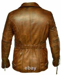 Mens Vintage Real Leather Brown Belted Coat Sheepskin Biker Retro 2 Cafe Racer