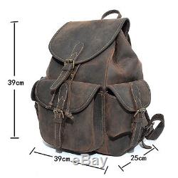 Mens Womens Vintage Casual 100% Crazy Horse Genuine Leather Backpack