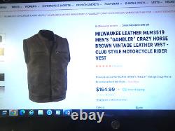 Milwaukee Leather MLM3519 Men's Gambler Crazy Horse Brown Vintage Leather Vest